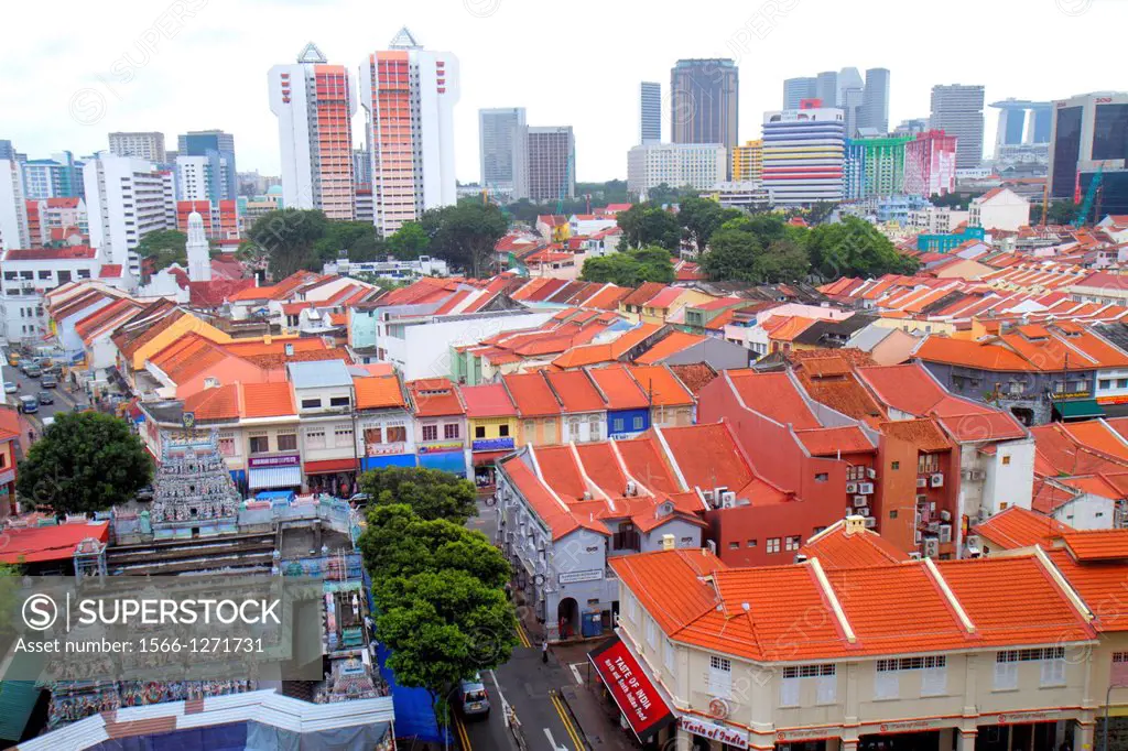 Singapore, Little India, aerial, Sri Veeramakaliamman Temple, Hindu, two-story, storey, shophouses, shophouse, red clay tile roofs, roof, skyscrapers,...