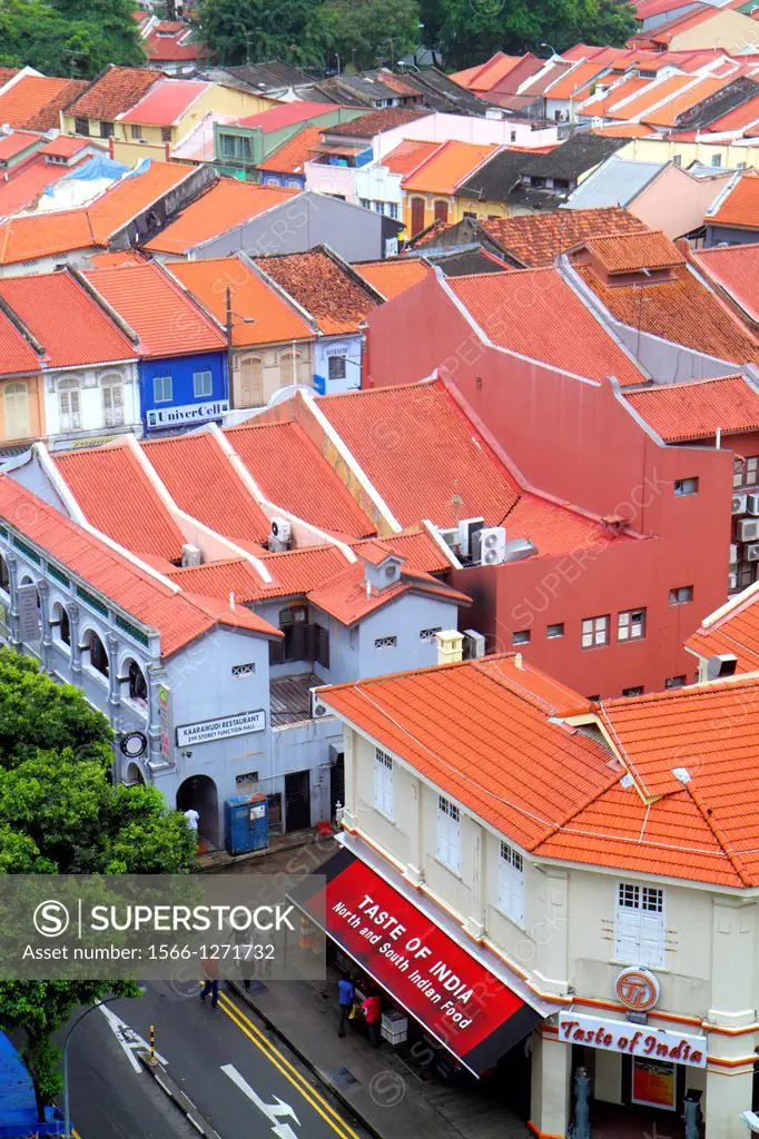 Singapore, Little India, aerial, two-story, storey, shophouses, shophouse, red clay tile roofs, roof,