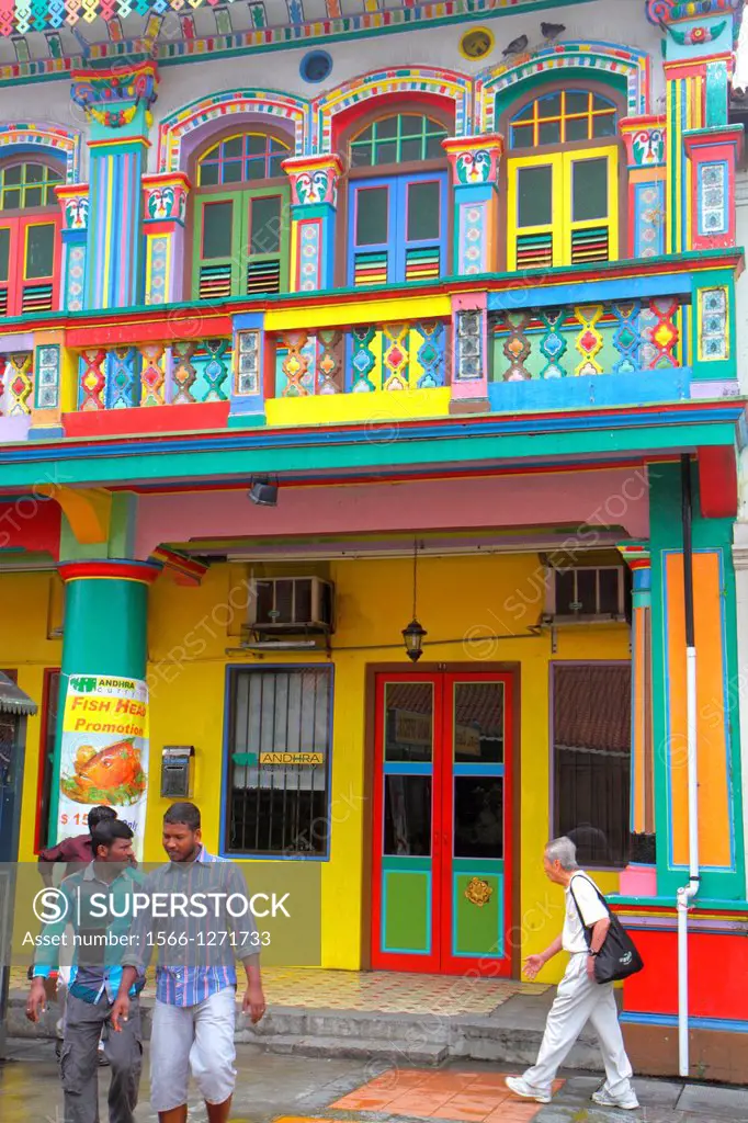 Singapore, Little India, Kerbau Road, two-story, storey, shophouses, shophouse, colorful, Asian, man,