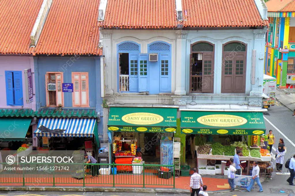 Singapore, Little India, Buffalo Road, two-story, storey, shophouses, shophouse, red clay tile roof, businesses,