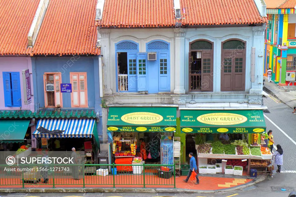 Singapore, Little India, Buffalo Road, two-story, storey, shophouses, shophouse, red clay tile roof, businesses,