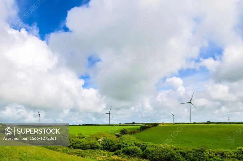 Delabole wind farm surrounded by farmland, Cornwall, England