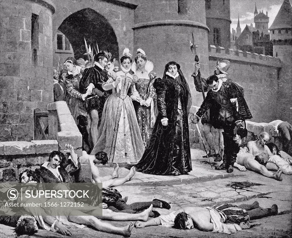 Catherine de Medici looks at some of the victims of the massacre by E  Debat-Ponsan
