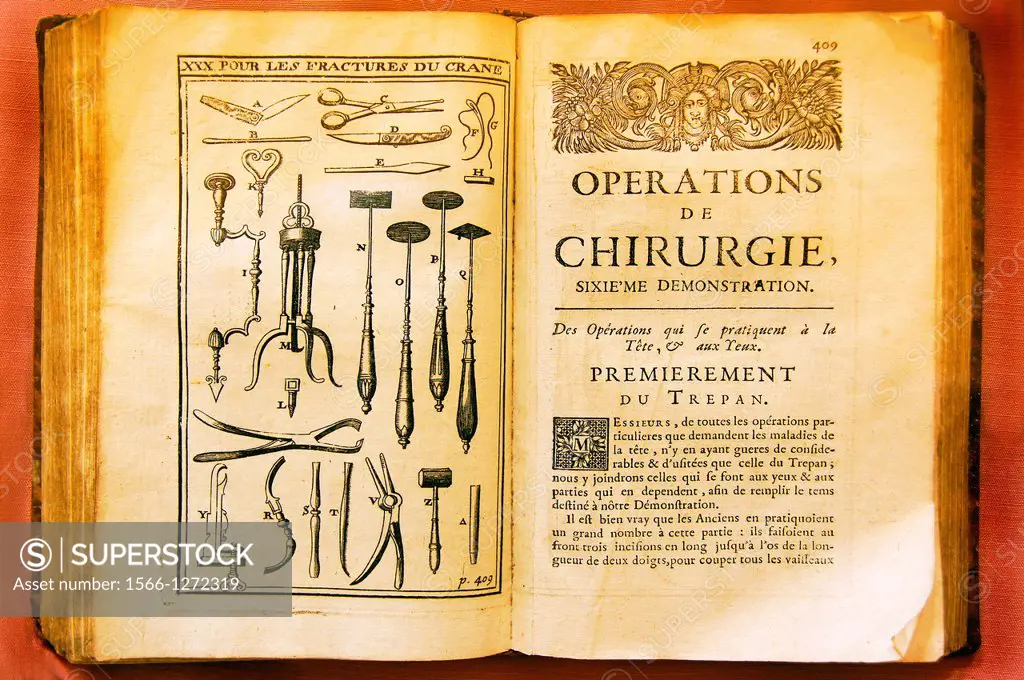 18th century book: chapter about trepanning and other surgical operations, Museum of the History of Medicine, Hautefort, Dordogne, Aquitaine, France