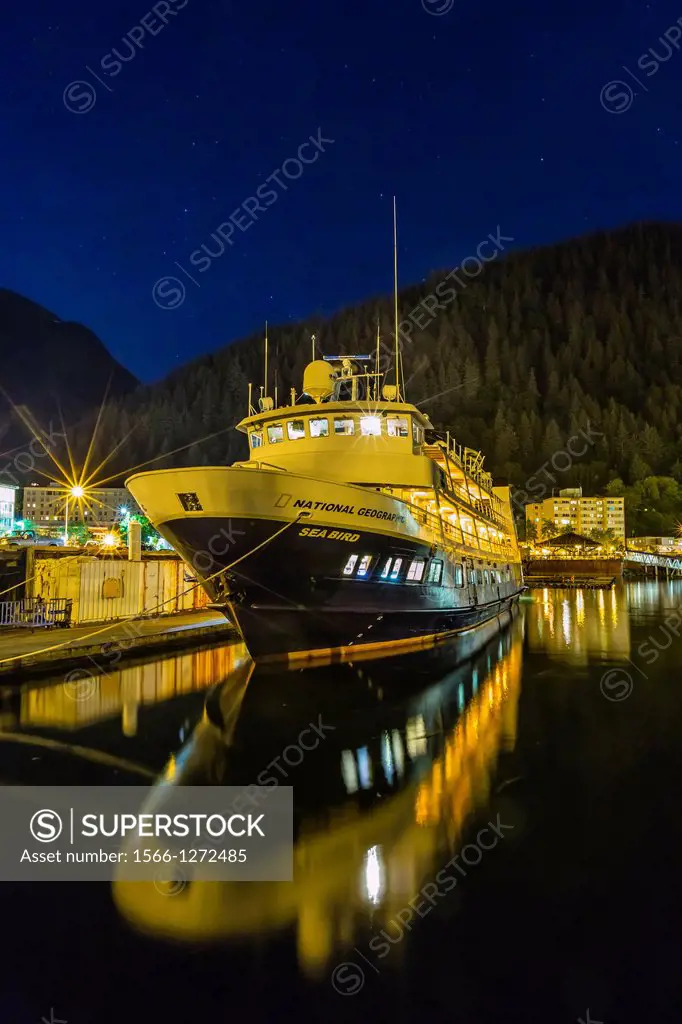 The Lindblad Expeditions ship National Geographic Sea Bird docked in downtown Juneau, Southeast Alaska, USA.