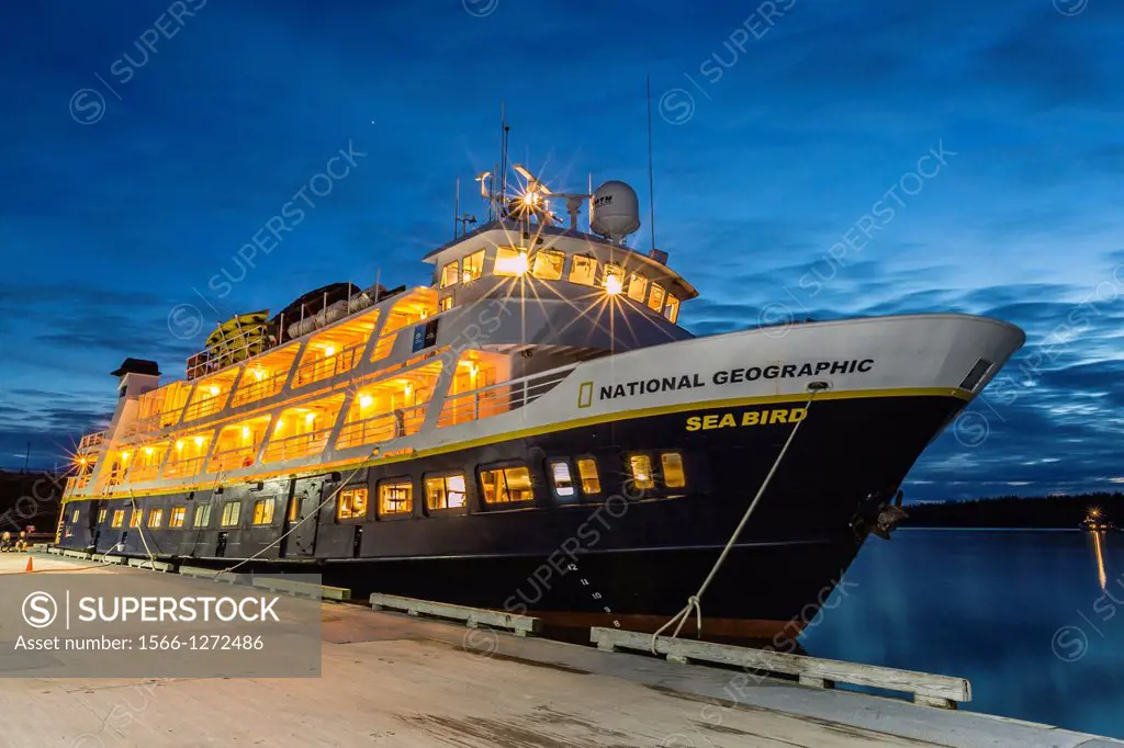 The Lindblad Expeditions ship National Geographic Sea Bird docked in Bartlett Cove, Southeast Alaska, USA.