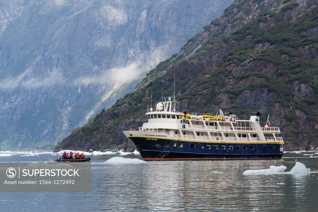 The Lindblad Expeditions ship National Geographic Sea Bird running Zodiac operations in Tracy Arm, Southeast Alaska, USA.