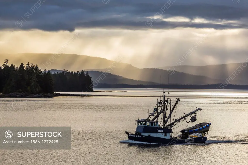 A view of a commercial purse-seiner operating in Southeast Alaska, USA, Pacific Ocean.