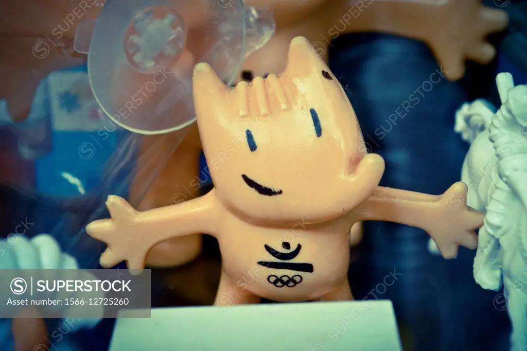 Miniature, toy. Cobi, official mascot of the 1992 Olympic Games. Barcelona, Catalonia, Spain.