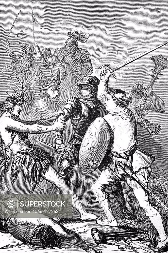 ´Cut off the hands of a knife to that held´ by Galan, From ´Hernan Cortes, Descubrimiento y conquista de Mejico´, by Lamartine, Chateubriand and Solis