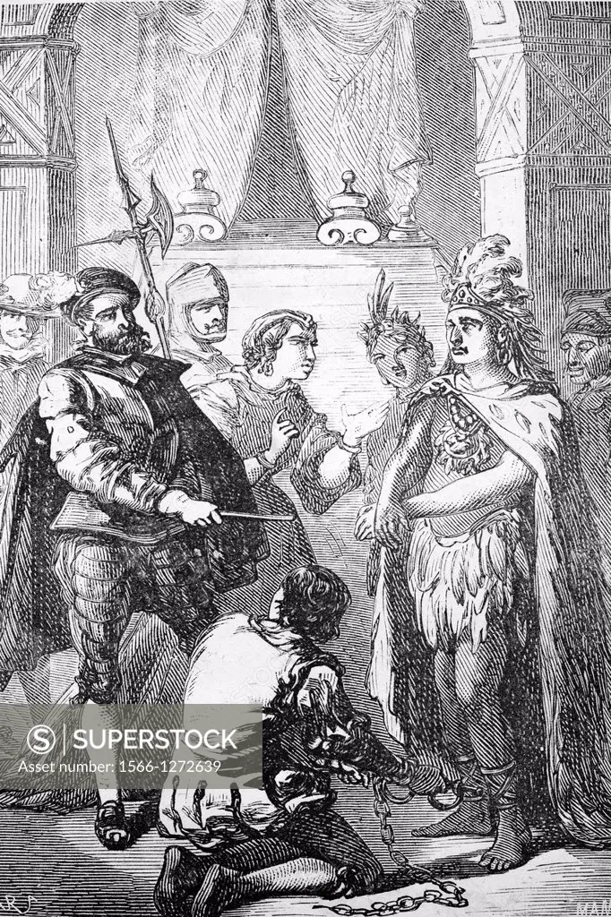 ´He ordered to put the shackles Motezuma´ by Man, From ´Hernan Cortes, Descubrimiento y conquista de Mejico´, by Lamartine, Chateubriand and Solis