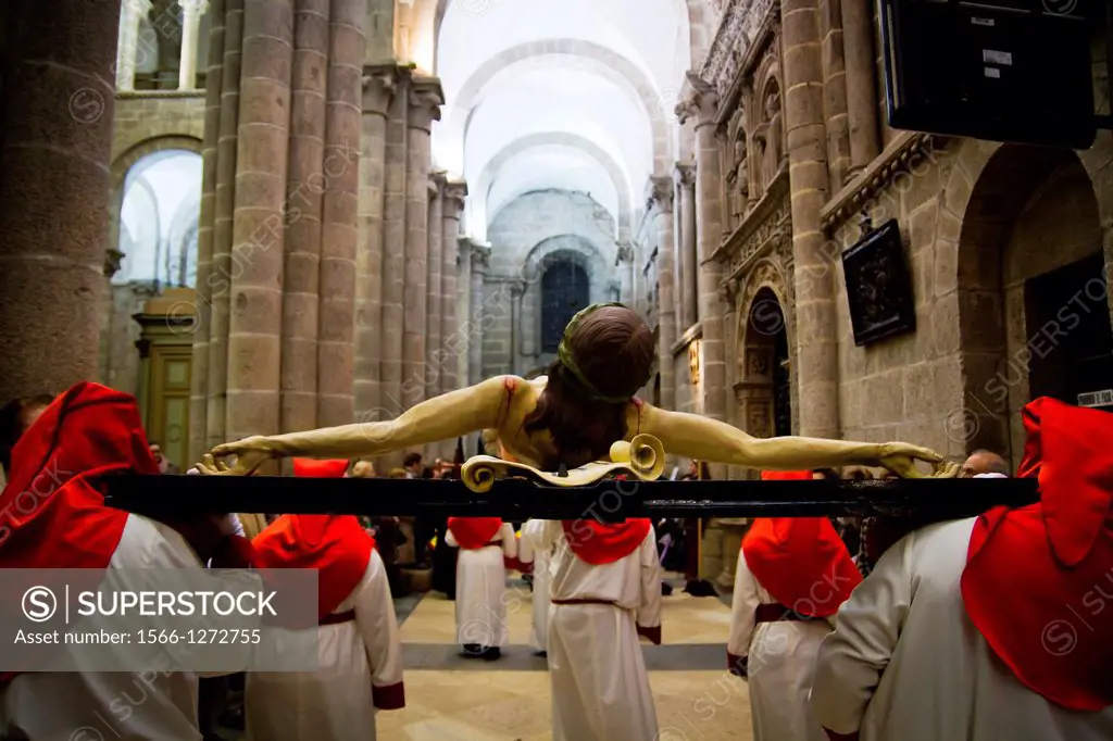 a brotherhood moved to crucified Jesus Christ inside the cathedral of Santiago de Compostela