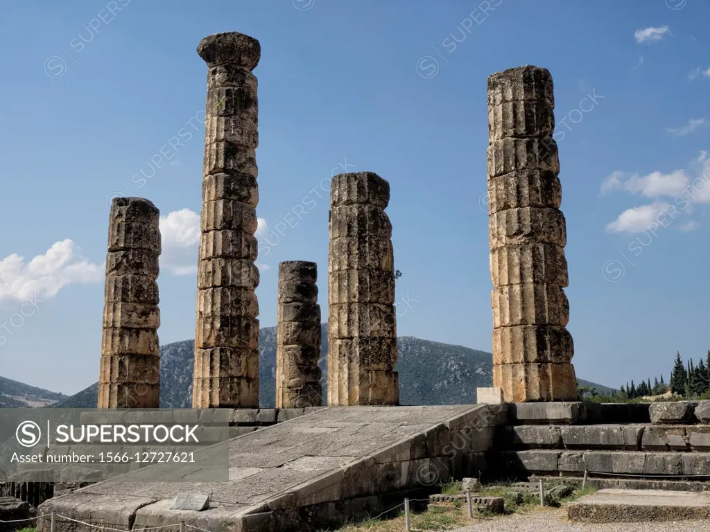 The ruins of the 4th century BC Temple of Apollo.  Delphi, archaeological site, Greece