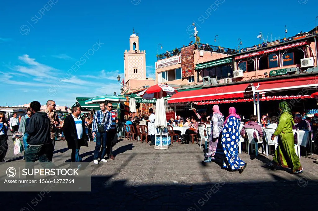 Restaurants in Djemaa el Fna square, Marrakech medina, Morocco.