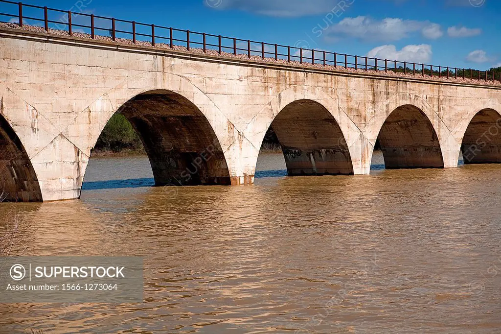 Railway line Cordoba - Almorchon, bridge of Los Puerros, municipality of Espiel, reservoir of Puente Nuevo, near Cordoba, Spain