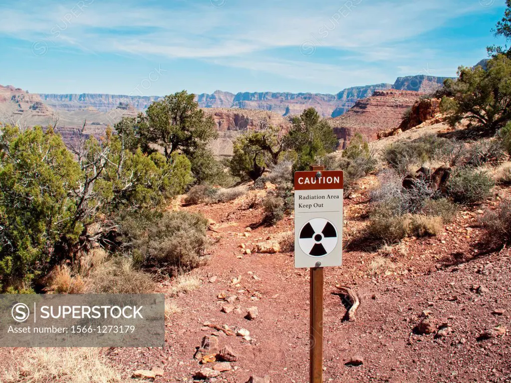 Grand Canyon National Park, Arizona - A sign warns hikers away from an old mine on Horseshoe Mesa due to radiation concerns. Though the miners were af...