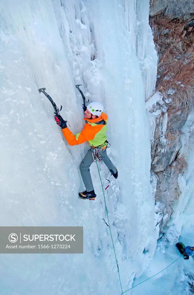 Ice climbing a route called Chrome Moly which is rated WI-4 and located at the Mother Lode Area in the Snake River Canyon near the city of Twin Falls ...