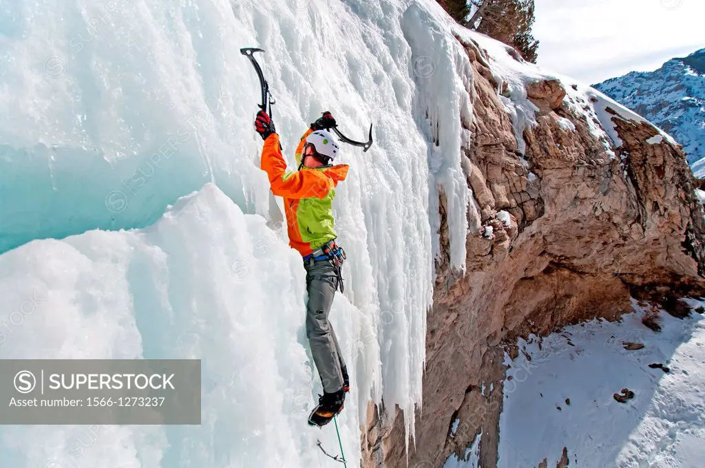 Ice climbing a route called The Boy Scout which is rated WI,4-5 and located in Lamoille Canyon in The Ruby Mountains in northeastern Nevada