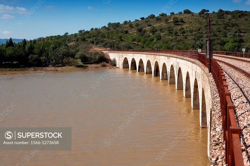 Railway line Cordoba - Almorchon, view from the bridge of Los Puerros, municipality of Espiel, reservoir of Puente Nuevo, near Cordoba, Spain