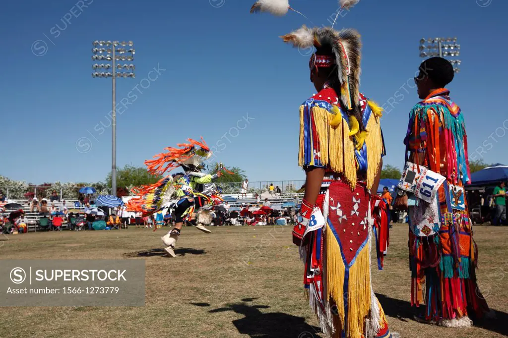 Native American in traditional costume at a Powwow in Phoenix  Arizona  USA.