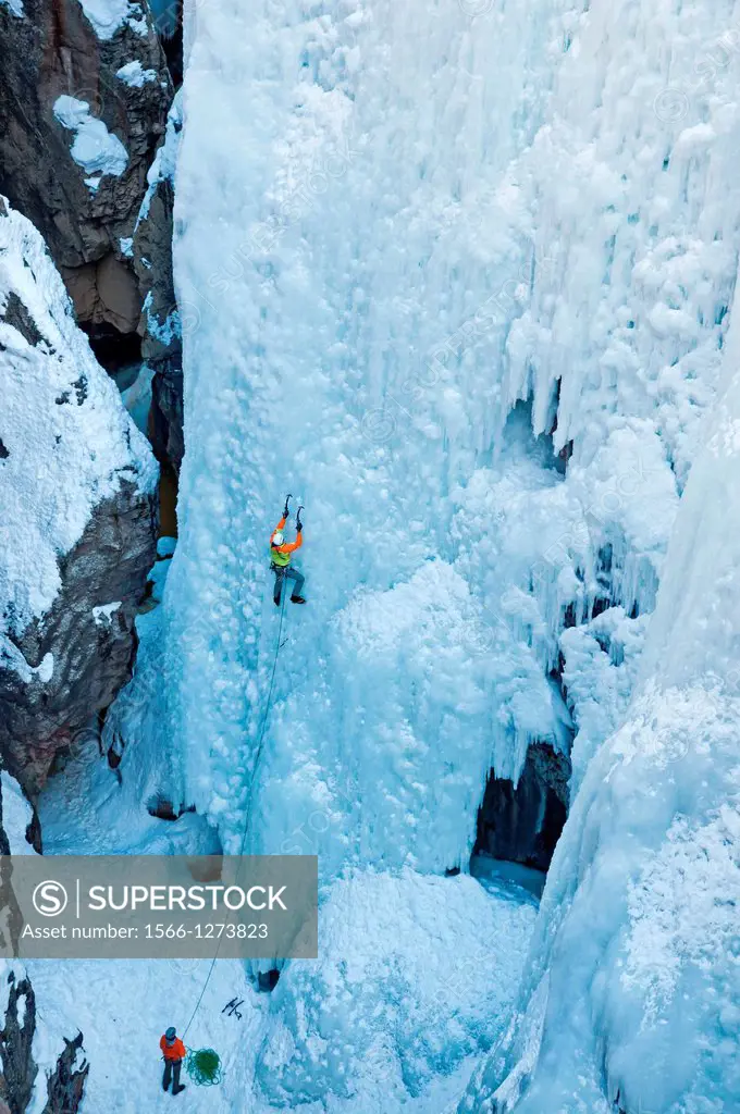 Ice climbing a route called Hardline which is rated WI-5 at The Ouray Ice Park in the Uncompahgre River Gorge near the town of Ouray in southwestern C...