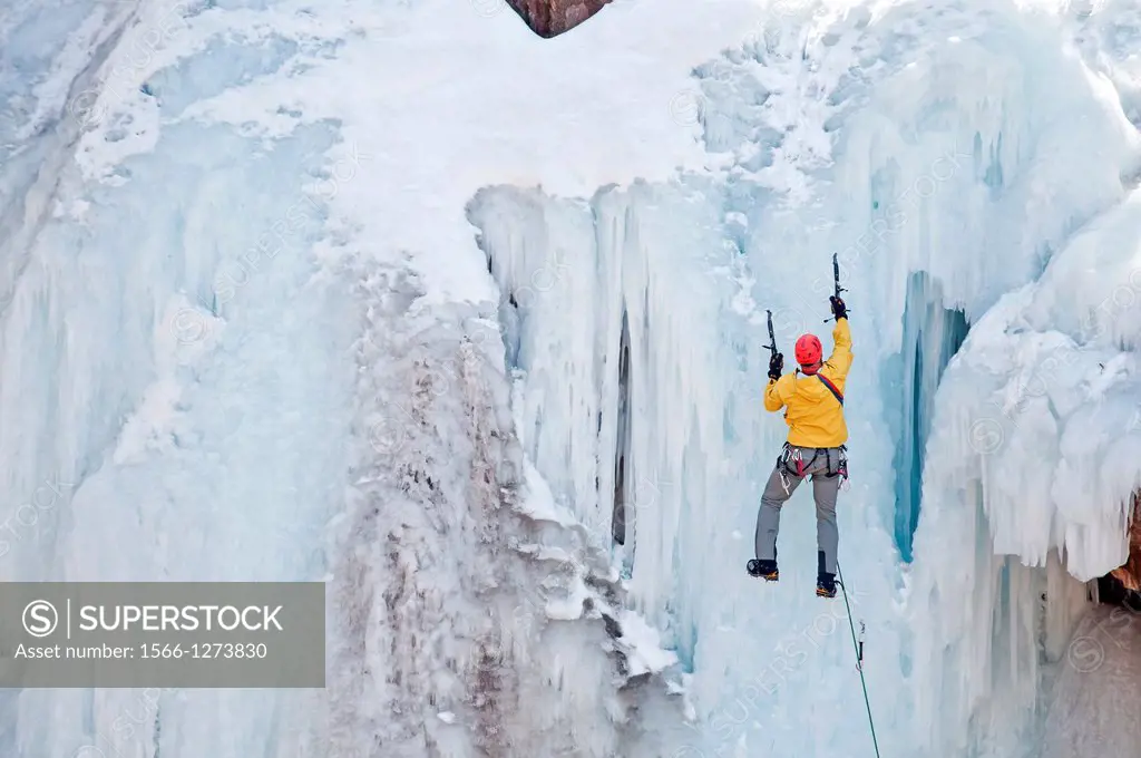 Ice climbing a route called Le Pissoir which is rated WI-5 at The Ouray Ice Park in the Uncompahgre River Gorge near the town of Ouray in southwestern...