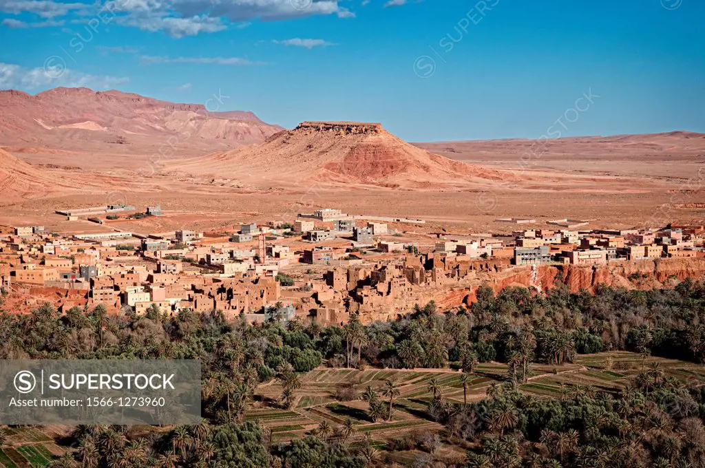 Tinerhir kasbah and palm grove. Dades Valley, Morocco.