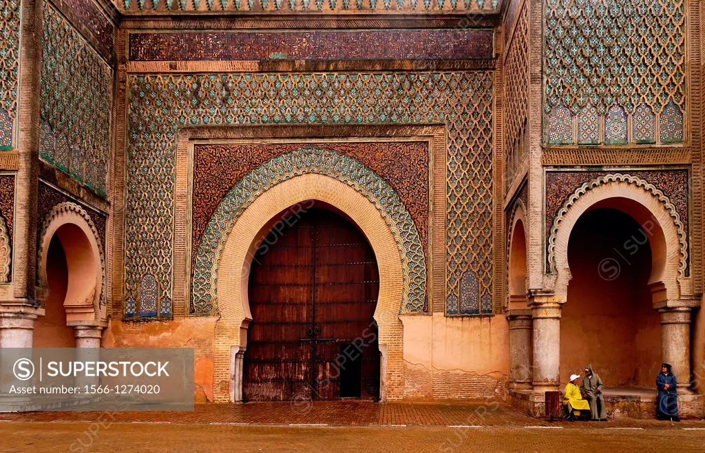 Morocco-Meknes- Bab Mansour gate, named after the architect, El-Mansour. It was completed 5 years after Moulay Ismail's death, in 1732. The design of ...