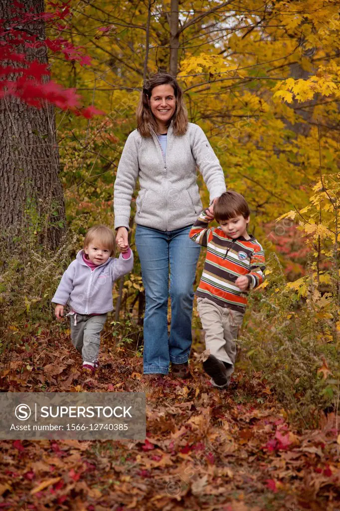 Mother holding her children´s hands ( girl and boy aged 1 and 3 respectively ) while walking up path through autumn leaves.