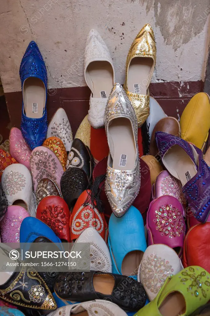 Traditional slippers on sale, Medina, old city, Tangier, Tanger, Morocco.