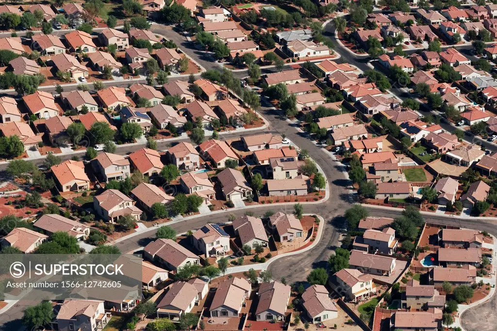 Aerial of neighborhood, Tucson, Arizona.