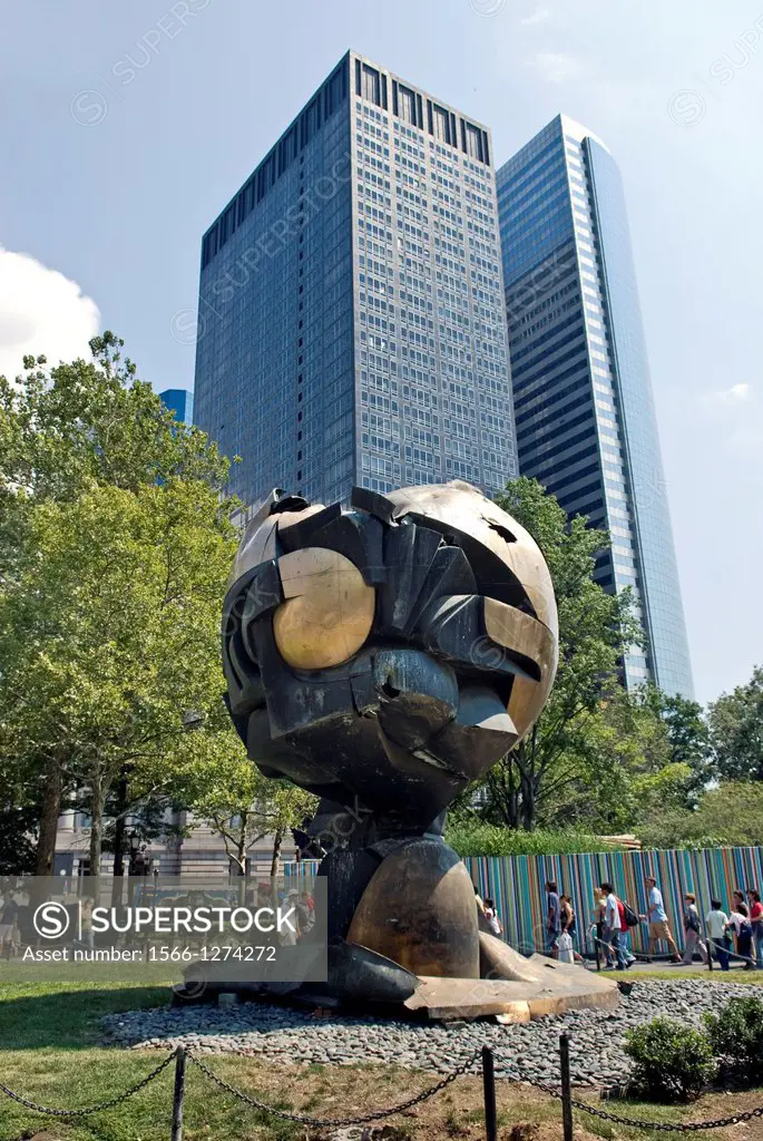 9-11 memorial, ""The Sphere"" bronze sculpture damaged during the attacks of the World Trade Center, Battery Park, New York City, USA, PublicGround