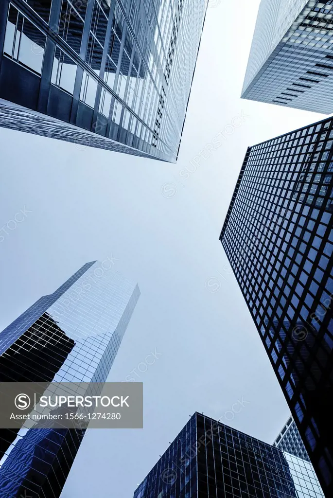 Manhattan Financial District, New York City, low angle shot of high rise buildings with The Broad Financial Center, PublicGround