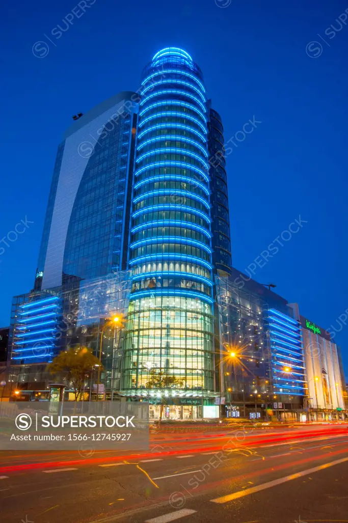 Titania tower and El Corte Ingles, night view. Raimundo Fernandez Villaverde street, Madrid, Spain.