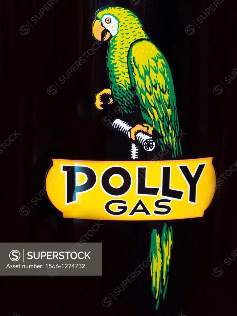 An amusing logo of a parrot decorates a 1935 service station gasoline pump.