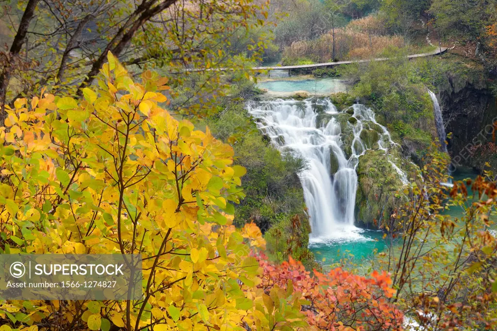 Croatia - autumn view of Plitvice Lakes National Park, waterfall between lakes, Plitvice, central Croatia, UNESCO.