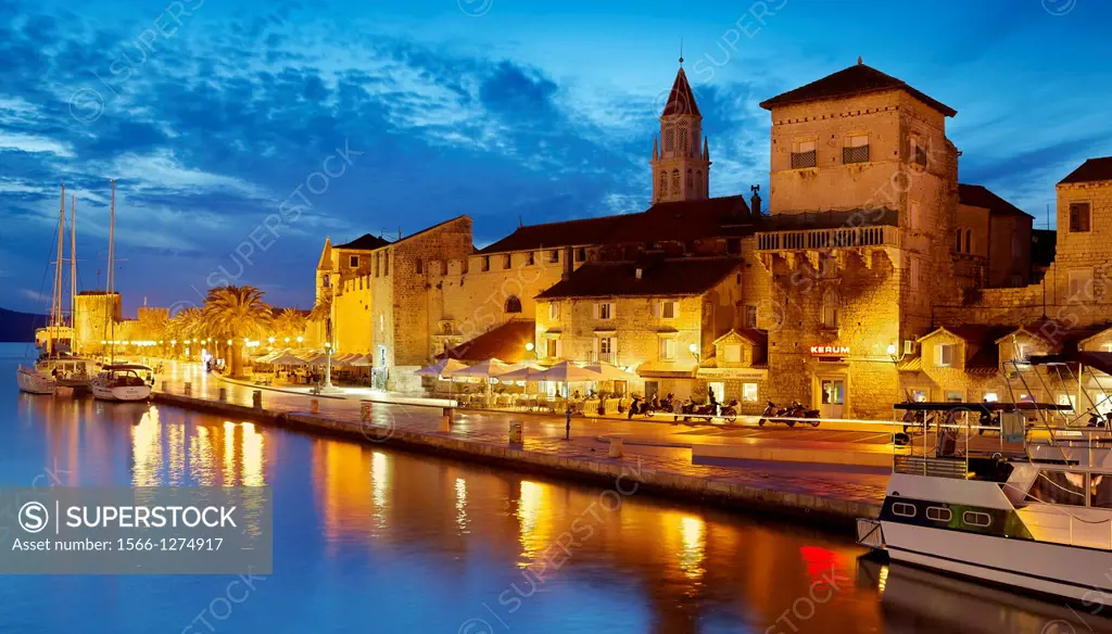 Croatia - Trogir by night, seafront harbor in the Old Town in Trogir, Dalmatia, Croatia, UNESCO.
