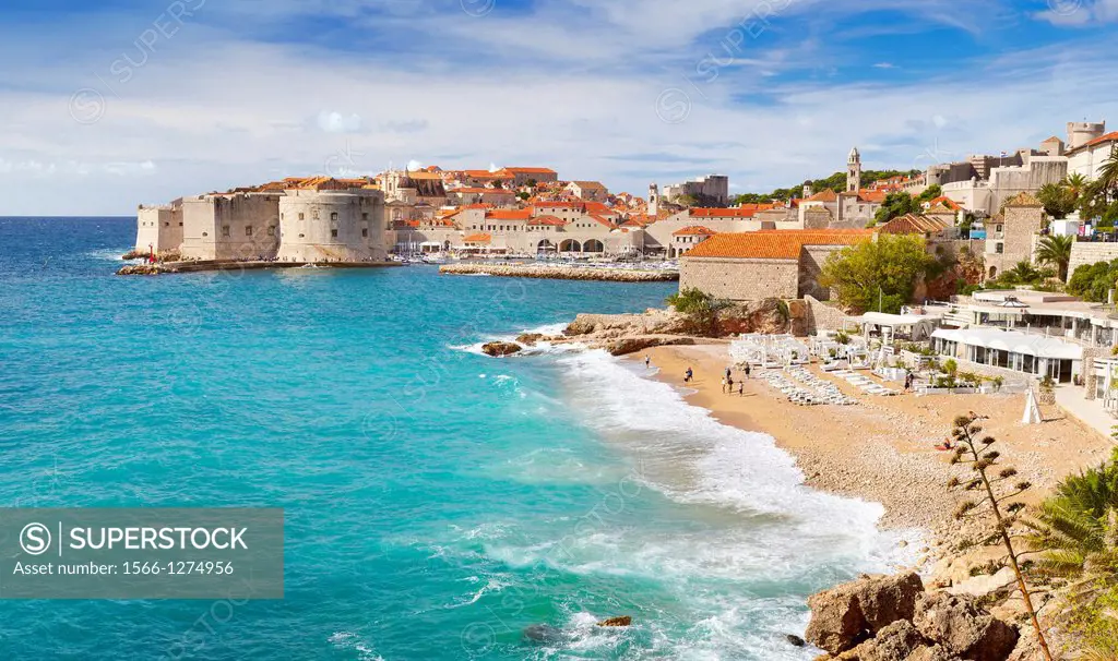 Croatia - Dubrovnik beach and Old Town harbor, Dalmatia, Croatia.