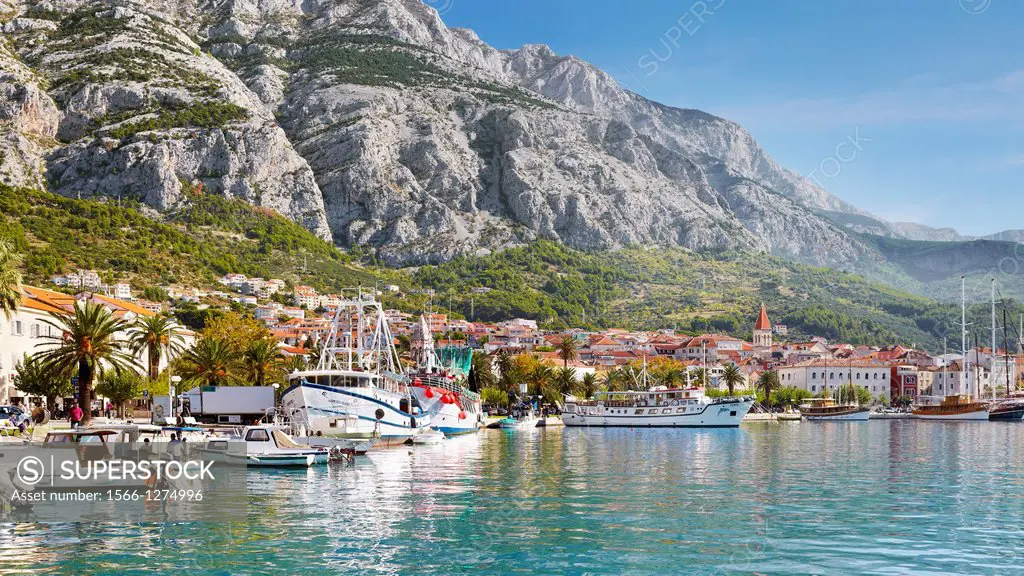 Croatia - Makarska Riviera, harbor in Makarska Village, Dalmatia, Croatia.