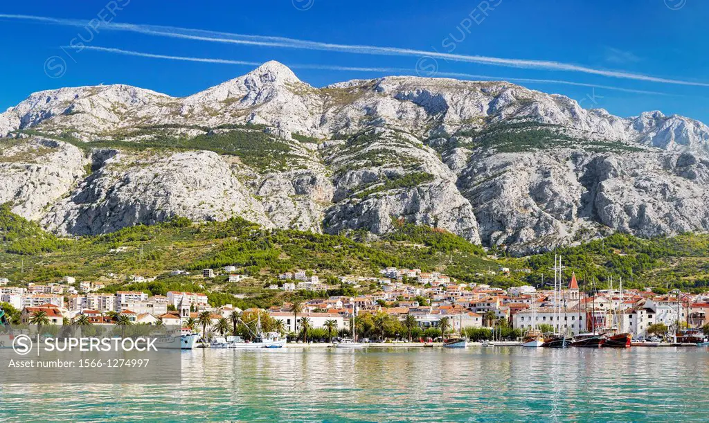 Croatia - Makarska Riviera, landscape with mountains and Makarska Village, Dalmatia, Croatia.