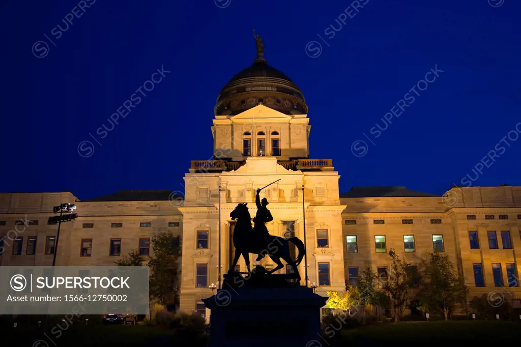 Capitol at night with Thomas Francis Meagher statue, Montana State Capitol, Helena, Montana.