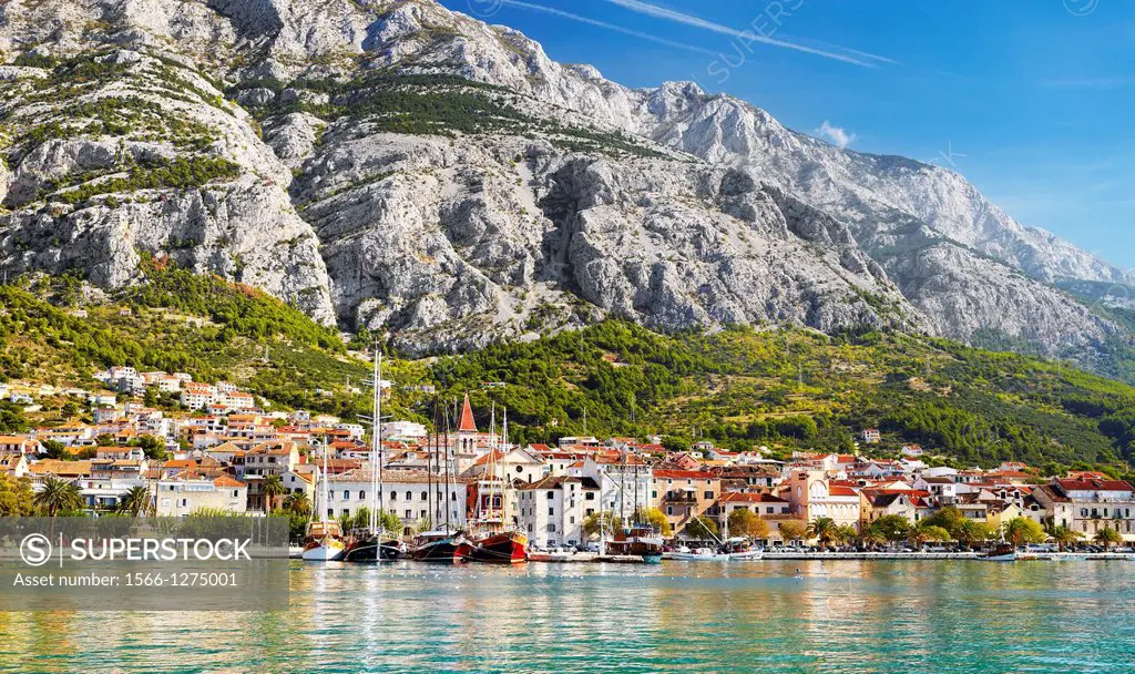 Croatia - Makarska Riviera, waterfront view to Makarska Village, Dalmatia, Croatia.