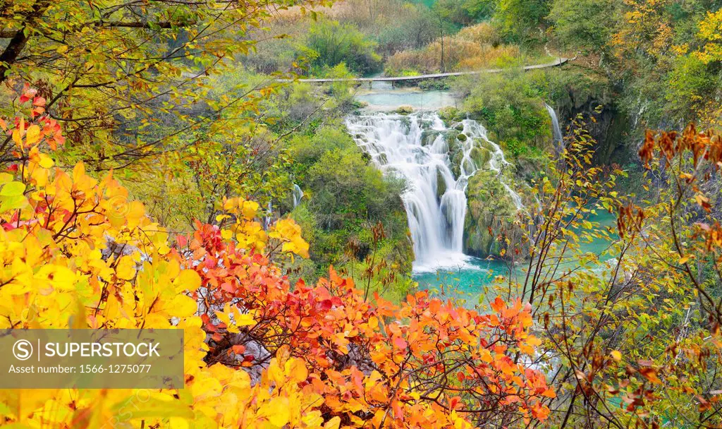 Croatia - autumn scenery of Plitvice Lakes National Park, cascade between lakes, central Croatia, UNESCO.