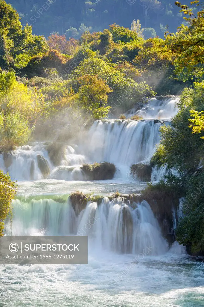 Waterfall with water cascades on the Krka River, Krka National Park in atumn time, Croatia.