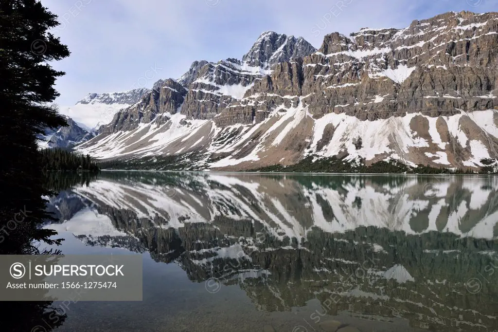 Reflections in Bow Lake, Banff National Park, Alberta, Canada.