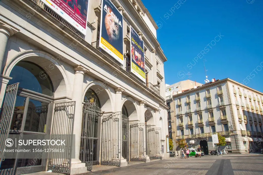 Facade of Royal Theater. Isabel II Square, Madrid, Spain.