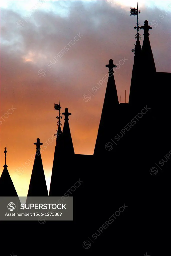 Silhouette of the facade of the Royal Courts of Justice in The Strand, in London, England, at sunset.