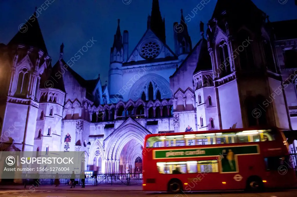 The Royal Courts of Justice at night, London, UK.