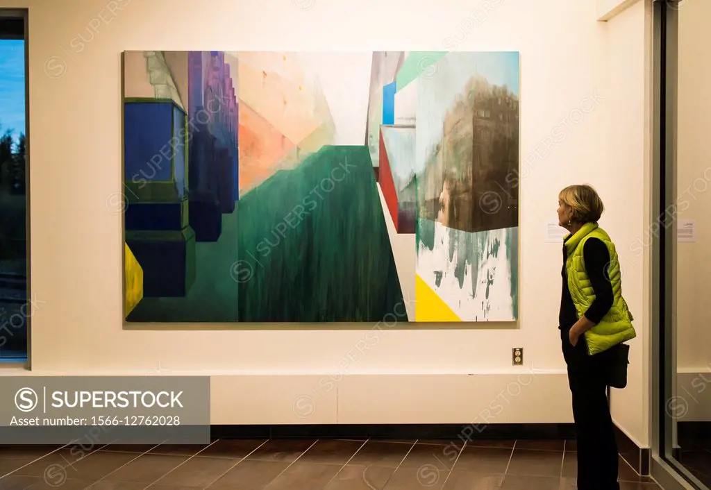 A woman, 65, looks at a painting in the Esker Foundation gallery in Inglewood, Calgary, Alberta, Canada