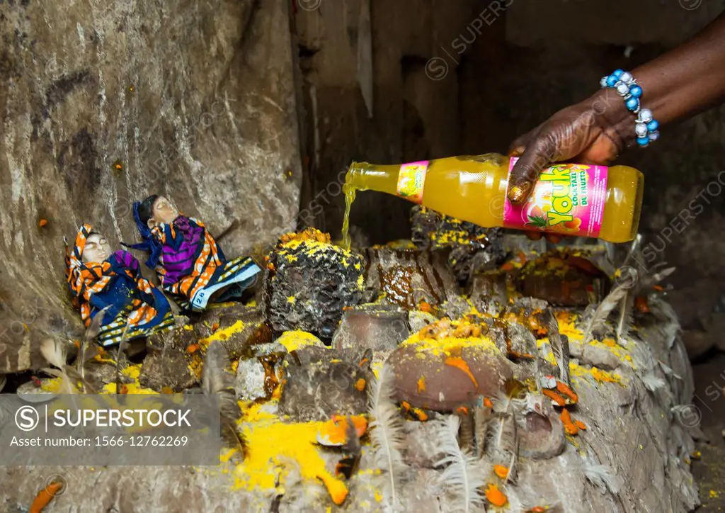 Benin, West Africa, Bopa, miss hounyoga putting fruit juice offerings to the deity dan for the voodoo dead twins cult.